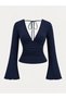 Navy Blue Deep V-Neck Tie-Detail Spanish-Sleeve Blouse, Navy Blue Spanish-Sleeve Blouse