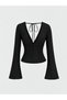 Black Deep V-Neck Tie-Detail Spanish-Sleeve Blouse, Black Spanish-Sleeve Blouse - 6