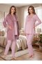 New Season Pink Lace-Detailed, Easy-Breastfeeding Design, Long-Sleeved Postpartum and Maternity Velvet Robe Pajama Set - 8