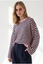 Women's Pink and Navy Blue Crew Neck Striped Sweater with Wide Sleeves KZK-19001201 - 3