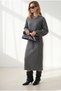 Women's Charcoal Grey Corded Fabric Long Knit Dress with Lace-Up Hem ELB-19002694 - 4