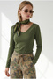 Women's Khaki V-Neck Soft-Textured Knit Sweater KZK-19001206 - 4