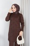 Women's Modest Tunic, Cold-Spun Yarn, Square Pattern, Crew Neck, Long Sleeves, Slit, Brown - 5