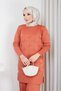 Women's Modest Tunic, Cold-Spun Yarn, Checked Pattern, Crew Neck, Long Sleeves, Slit, Terracotta Color - 5