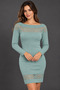 Women's Long-Sleeved Boat Neck Slim-Fit Soft-Textured Elegant Casual Mint Knit Mini Dress with Lace Details on the Front and Back - 5