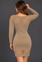 Women's Long-Sleeved Boat Neck Slim-Fit Soft-Textured Elegant Casual Camel Knit Mini Dress with Lace Details on the Front and Back - 3