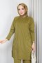 Women's Khaki Knit Modest Tunic with Wavy Floral Print and Slit, Made with Cold-Spun Yarn - 4