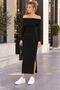 New Season Women's Madonna Collar Corded Fabric Knit Long-Sleeved Long Dress with Side Slits - 3