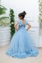 Blue Princess-Style Girls' Formal Dress with Ruffed Shoulders and Glittery Print - 2