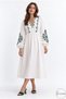 Women's Ecru and Green Embroidered V-Neck Puffed-Sleeve Bohemian Midi Dress
