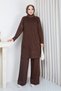 Women's Brown Knit Modest Tunic with Wavy Floral Print and Slit, Made with Cold-Spun Yarn - 2