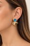 Gold-Colored Geometric Design Women's Earrings with Blue Stones