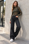 Women's Black and Green Leopard Print Mock Neck Long-Sleeve Tulle Blouse - 3