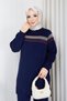 Women's Navy Blue Knit Modest Tunic with Glittery Striped Detail and a Crew Neck and Slit - 4