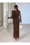 Women's Crew Neck Brown Draped Sleeve Tulle Detail Long Evening Gown - 3