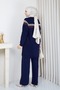 Women's Navy Blue Knit Modest Tunic with Glittery Striped Detail and a Crew Neck and Slit - 6