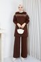 Women's Brown Knit Modest Tunic with Cold-Weave Glittery Striped Detail, Sequin Trim, Crew Neck, and Slit