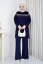 Women's Navy Blue Knit Modest Tunic with Glittery Striped Detail and a Crew Neck and Slit - 2