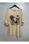 Women's Italian Blouse with Stone Embellishments and Bicycle Print Oversized Loose-Fit Textured Knit Blouse Tunic - 2