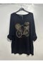 Women's Italian Blouse with Stone Embellishments and Bicycle Print Oversized Loose-Fit Textured Knit Blouse Tunic - 2