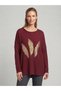 Women's Italian Blouse with Feather Print and Embellished with Stones, Oversized, Loose-Fit, Textured Knit Blouse Tunic