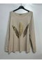 Women's Italian Blouse with Feather Print and Embellished with Stones, Oversized, Loose-Fit, Textured Knit Blouse Tunic - 3