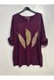 Women's Italian Blouse with Feather Print and Embellished with Stones, Oversized, Loose-Fit, Textured Knit Blouse Tunic - 2