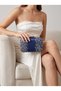 Navy Blue Satin Clutch Bag Embellished with Stones and Featuring a Metal Chain Strap for Women's Evening Wear for Weddings and Engagements