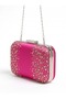 Fuchsia Pink Satin Crystal-Embellished Silver-Framed Chain Strap Women's Evening Clutch for Weddings and Engagements - 4