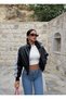 Black Retro Striped Leather Jacket - 3