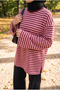 Women's Purple Crew Neck Striped Oversized Modest Sweatshirt Tunic, 75 cm