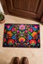 Door Mat with a Turkish Rug Pattern Featuring a Black Background and Embroidered Fresh Flowers, 40x60 cm, with a Non-Slip Sole