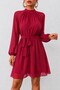 Women's Short Dress with a Short-Sleeved Boat Neck, Long Sleeves, a Belted Design, Pleats, and a Chiffon Lined Design