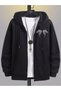 Cardigan - Black Printed Winter Oversized Hooded Zippered Pocketed Cardigan Unisex Clothing - 2