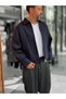 Navy Blue Oversized Jacket with Zipper and Lined Construction KNT- - 6