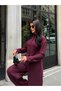 Women's Burgundy-Buttoned Brioche Knit Top and Bottom Set - 5