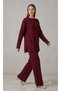 Crew Neck, Long Sleeve, Knitted, Detailed, Openwork, Long Slit Sweater and Elastic-Waist Pants Knitwear Set