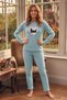 Cotton Soft Touch Patterned Interlock Turquoise Women's Pajama Set with Embroidered Details - 2