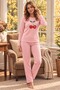 Cotton Soft Touch Patterned Interlock Salmon-Colored Women's Pajama Set with Embroidered Details - 2