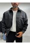 Textured Leather Bomber Jacket with Black Pockets DF-3483 - 4