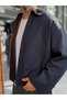 Navy Blue Oversized Jacket with Zipper and Lined Construction KNT- - 4