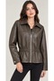 Women's Brown-Lined Faux Leather Jacket with Elastic Waistband, Zipper, and Shirt Collar