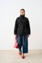 Women's Short Coat with Mock Neck, Tie-Detail, and Button Closure—Anthracite - 2