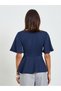 Navy Blue Cowl Neck Peplum Top with Short Sleeves - 5