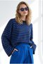 Women's Anthracite Navy Blue Crew Neck Striped Sweater with Wide Sleeves KZK-19001201