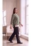 Women's Plus Size Green and Beige Striped Long-Sleeved Basic Cotton Long Sweatshirt - 2