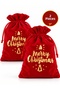 New Year's Gift Pouch, Set of 2, Red Velvet-Look, with "Gold" Lettering, Ruched Closure, 20x25 cm - 2