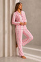 Women's Front Buttoned Long Sleeve Bottom Top Pink Pajama Set - 6
