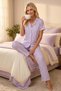 Lilac-White Striped Shirt Collar Pajama Set 4629-Lilac Women's Short-Sleeved Button-Down Long - 3