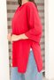 Red Oversized Double-Sleeve Long T-Shirt with Side Slits | Cotton Basic Crew Neck Single Jersey Fabric - 7